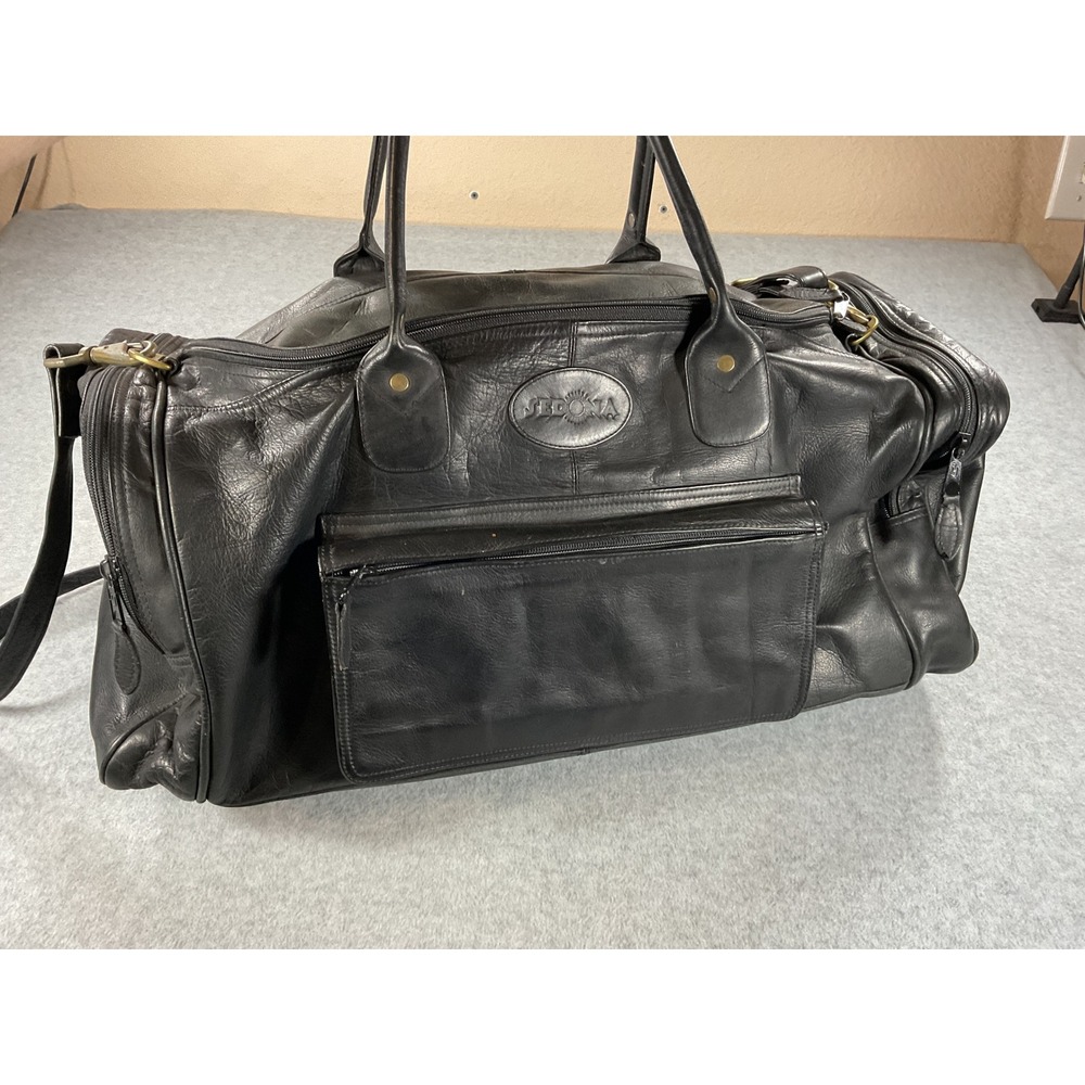 Sedona Black Leather Duffel Bag Travel Weekender Gym Carry On Brass Hardware